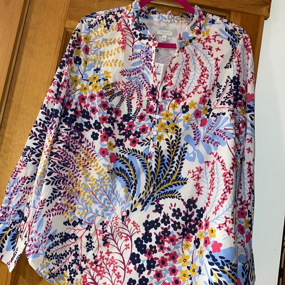 Talbots Tops - Talbots Blouse Ruffle Collar Popover Popping Garden Long Sleeve Cotton Lined L